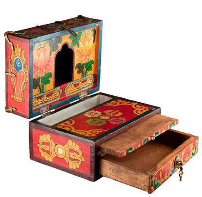 Autel votif bouddhiste de voyage 22,5 cm – temple portatif artisanal en bois peint