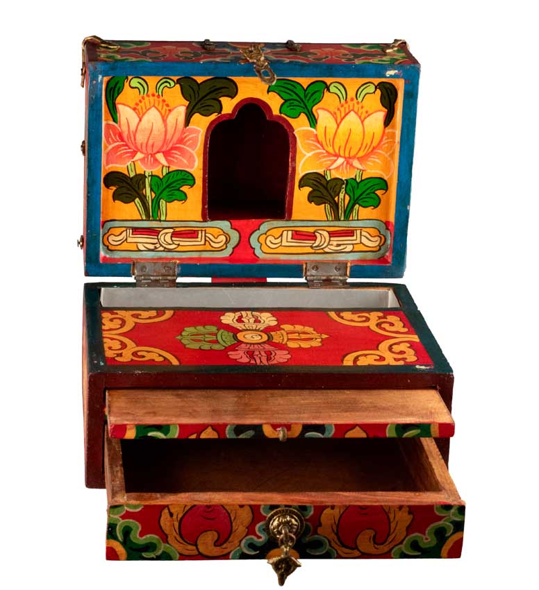 Autel votif bouddhiste de voyage 22,5 cm – temple portatif artisanal en bois peint