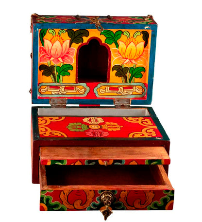 Autel votif bouddhiste de voyage 22,5 cm – temple portatif artisanal en bois peint
