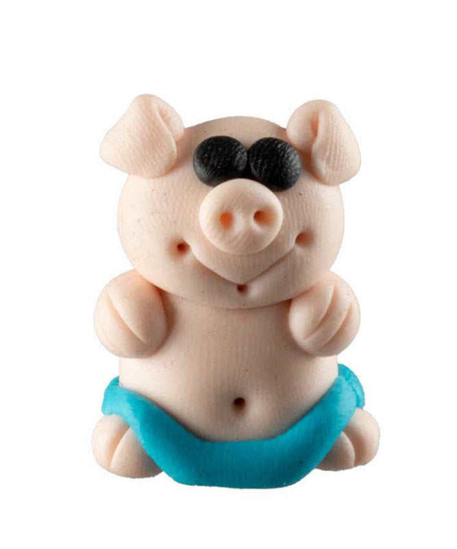 Figurine Cochon Miniature Maillot de Bain Bleu – Artisanat Thaïlandais