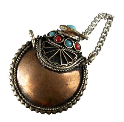 Fiole Tibétaine Ovale du Népal en Cuivre et Métal Argenté – Objet de Curiosité Vintage