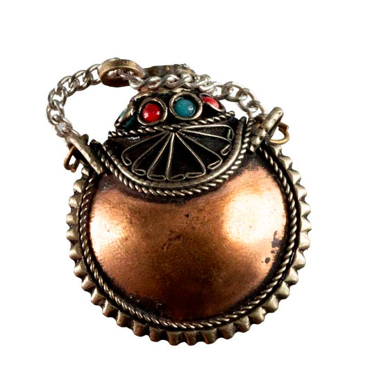 Fiole Tibétaine Ovale du Népal en Cuivre et Métal Argenté – Objet de Curiosité Vintage