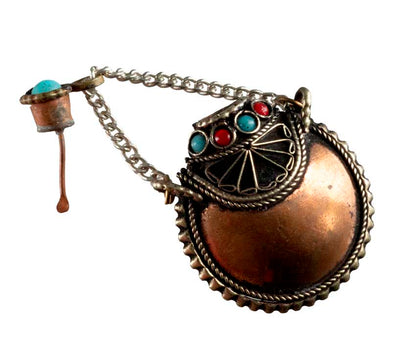 Fiole Tibétaine Ovale du Népal en Cuivre et Métal Argenté – Objet de Curiosité Vintage