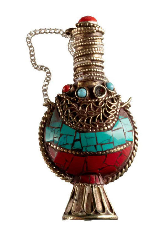 Fiole Tibétaine du Népal en Cuivre et Métal Argenté – Incrustations Turquoise et Corail