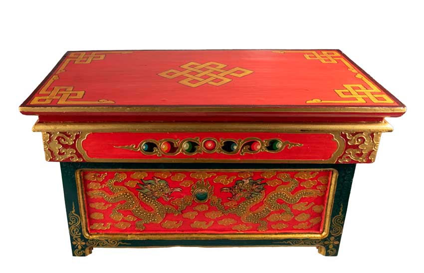 Table de Méditation Tibétaine en Bois – Motifs Bouddhistes et Dragon du Népal