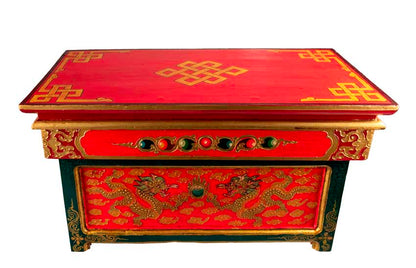 Table de Méditation Tibétaine en Bois – Motifs Bouddhistes et Dragon du Népal