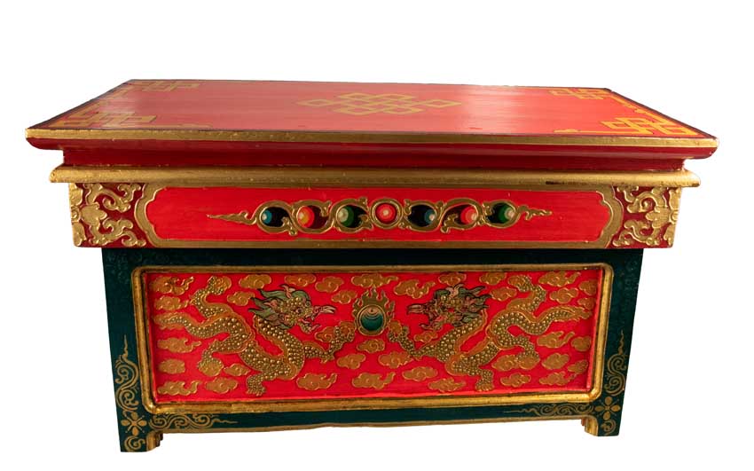 Table de Méditation Tibétaine en Bois – Motifs Bouddhistes et Dragon du Népal