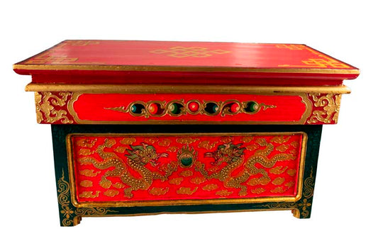 Table de Méditation Tibétaine en Bois – Motifs Bouddhistes et Dragon du Népal