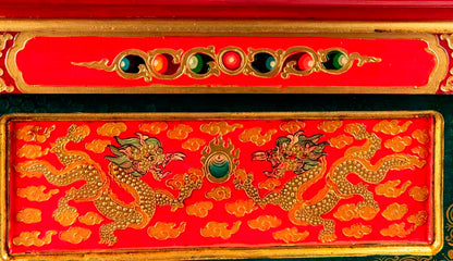 Table de Méditation Tibétaine en Bois – Motifs Bouddhistes et Dragon du Népal