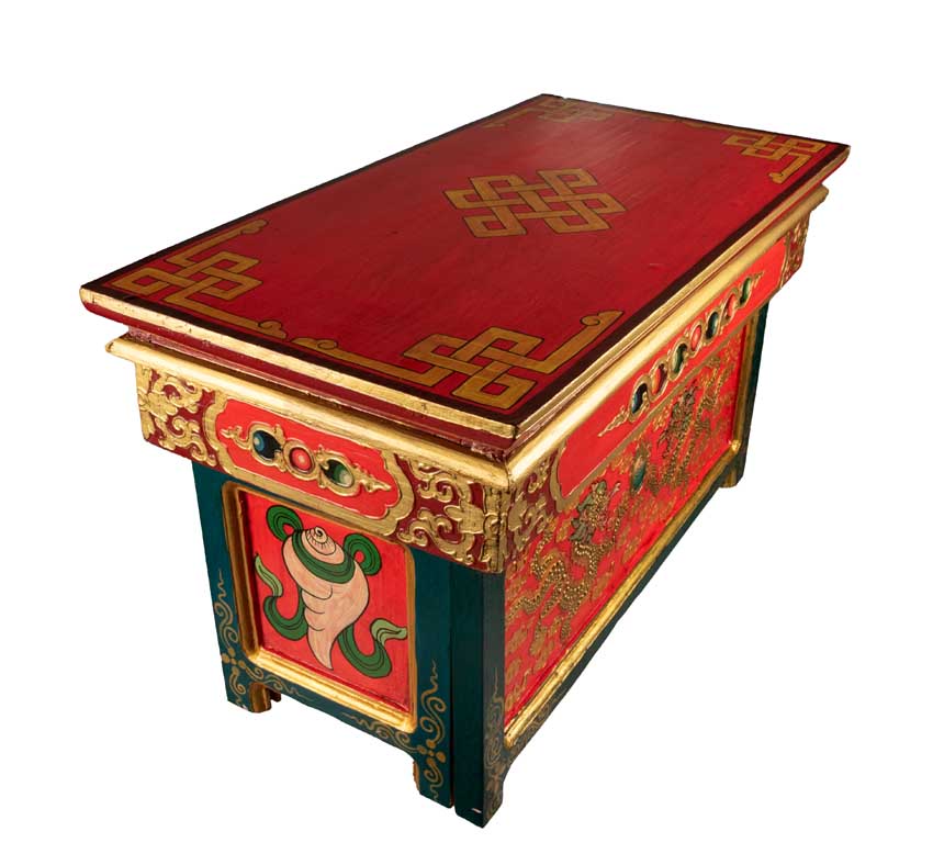 Table de Méditation Tibétaine en Bois – Motifs Bouddhistes et Dragon du Népal