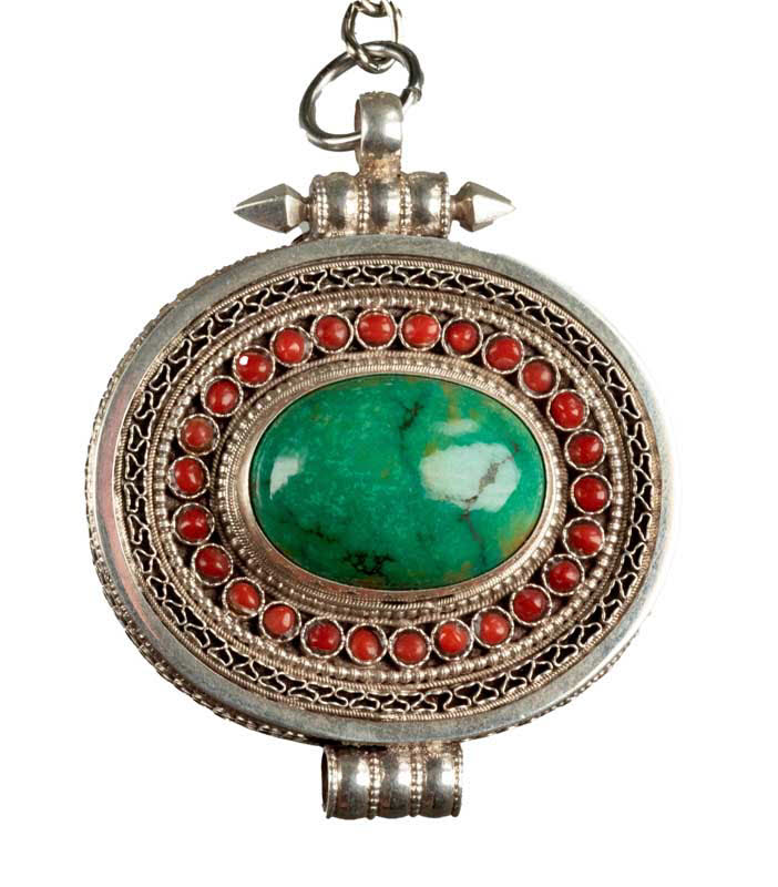 Ghau Tibétain En Argent – Bijou De Sac Porte-Clé Avec Mantra Et Turquoise