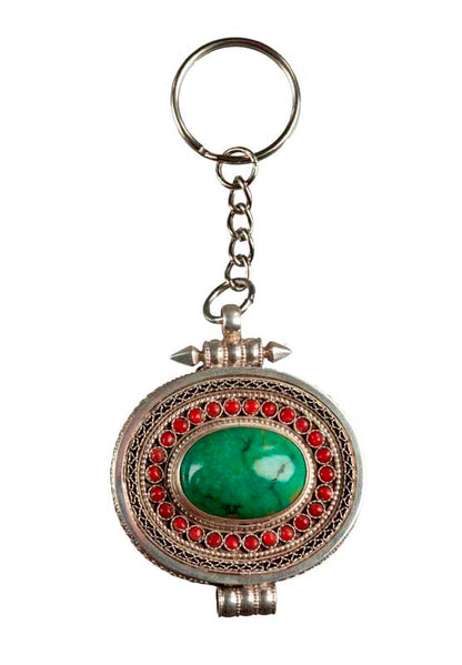 Ghau Tibétain En Argent – Bijou De Sac Porte-Clé Avec Mantra Et Turquoise