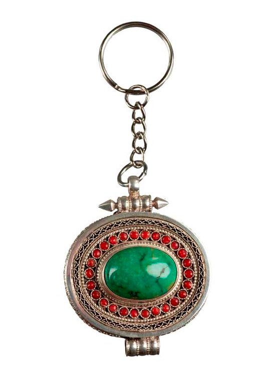 Ghau Tibétain En Argent – Bijou De Sac Porte-Clé Avec Mantra Et Turquoise