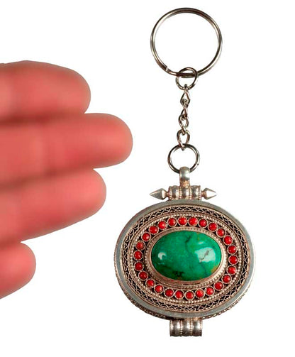 Ghau Tibétain En Argent – Bijou De Sac Porte-Clé Avec Mantra Et Turquoise