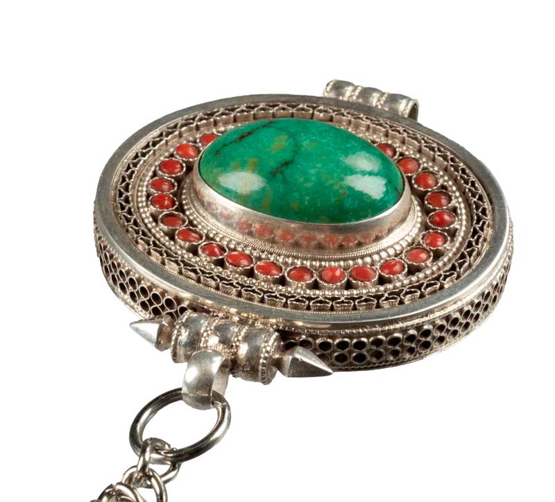 Ghau Tibétain En Argent – Bijou De Sac Porte-Clé Avec Mantra Et Turquoise
