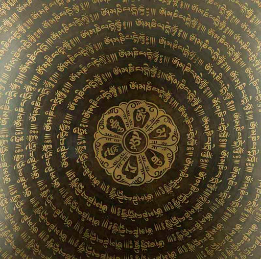 Gong Tibétain Bouddhiste Om Mani Padme Hum 50 cm Gravé - Artisanat du Népal