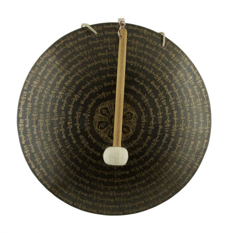Gong Tibétain Bouddhiste Om Mani Padme Hum 50 cm Gravé - Artisanat du Népal
