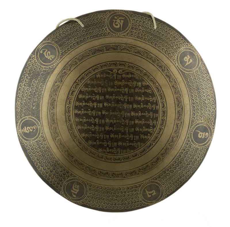 Gong Tibétain Bouddhiste Om Mani Padme Hum 50,5 cm Gravé - Artisanat du Népal