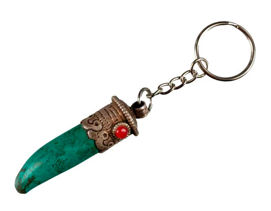 Porte-Clé Dent de Tigre Turquoise – Bijou de Sac Ethnique en Argent 800/1000