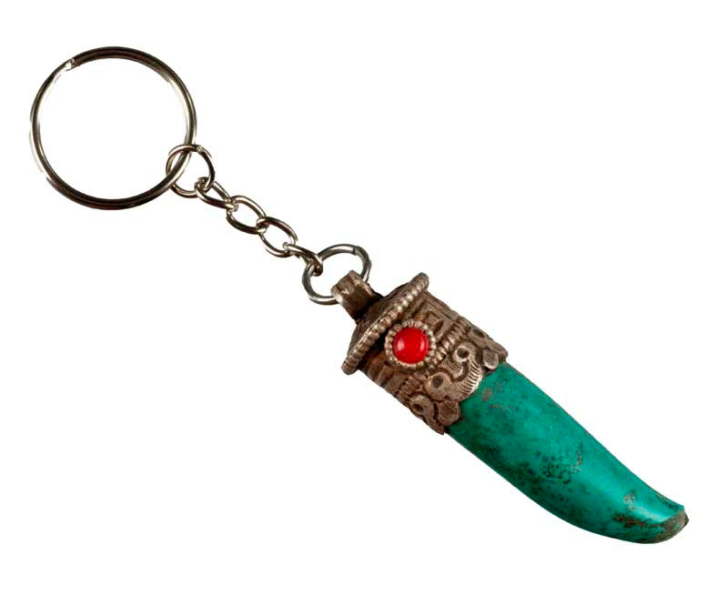 Porte-Clé Dent de Tigre Turquoise – Bijou de Sac Ethnique en Argent 800/1000
