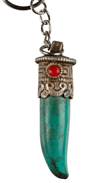 Porte-Clé Dent de Tigre Turquoise – Bijou de Sac Ethnique en Argent 800/1000