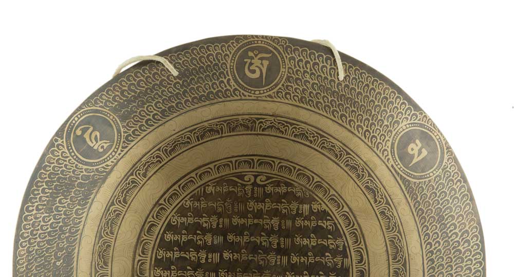Gong Tibétain Bouddhiste Om Mani Padme Hum 50,5 cm Gravé - Artisanat du Népal