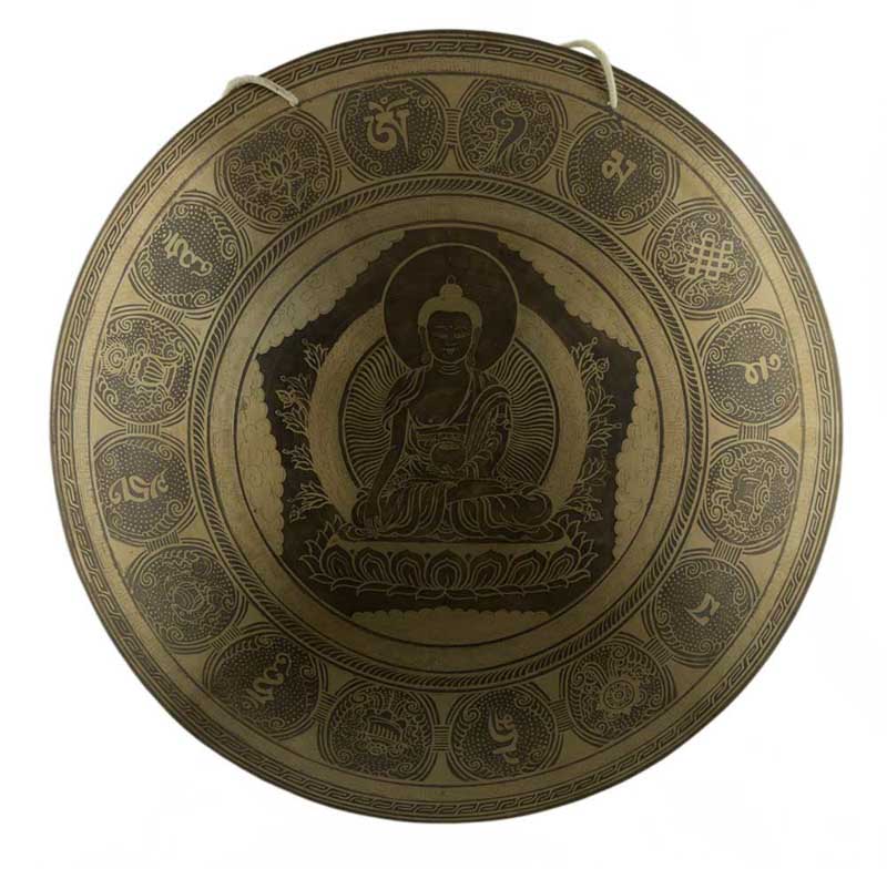 Gong Tibétain Bouddhiste Buddha Shakyamuni 52,5 cm Gravé - Huit Symboles Auspicieux du Népal
