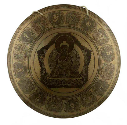 Gong Tibétain Bouddhiste Buddha Shakyamuni 52,5 cm Gravé - Huit Symboles Auspicieux du Népal