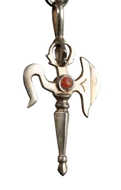 Porte-Clé Parashu Tibétain – Hache Sacrée en Métal Argenté
