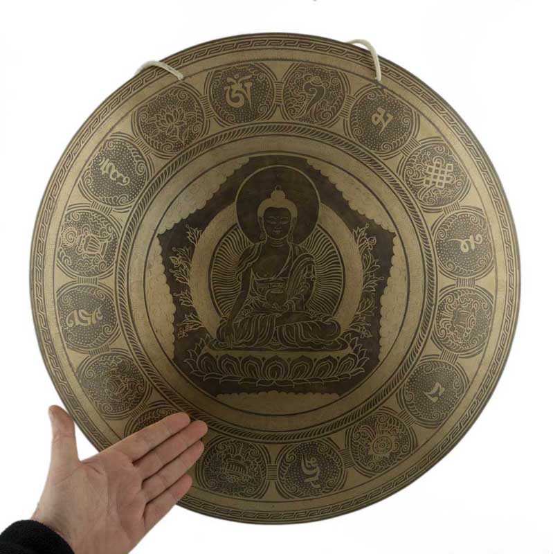 Gong Tibétain Bouddhiste Buddha Shakyamuni 52,5 cm Gravé - Huit Symboles Auspicieux du Népal