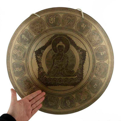 Gong Tibétain Bouddhiste Buddha Shakyamuni 52,5 cm Gravé - Huit Symboles Auspicieux du Népal