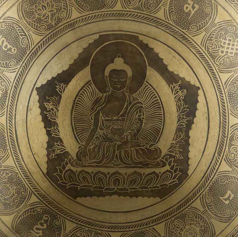 Gong Tibétain Bouddhiste Buddha Shakyamuni 52,5 cm Gravé - Huit Symboles Auspicieux du Népal