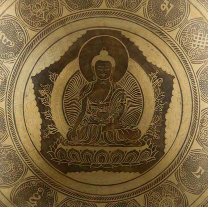 Gong Tibétain Bouddhiste Buddha Shakyamuni 52,5 cm Gravé - Huit Symboles Auspicieux du Népal