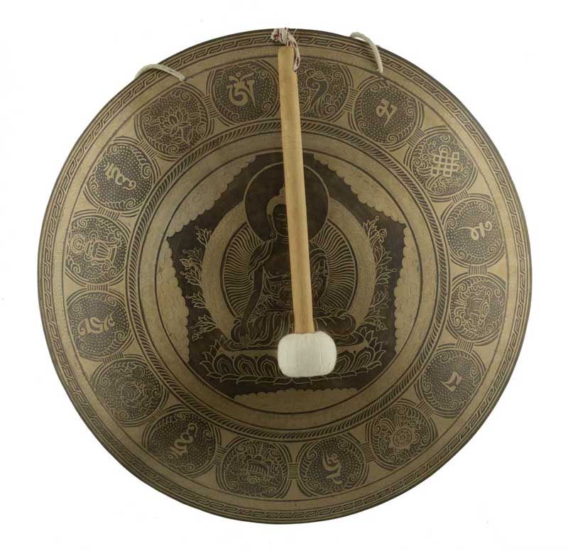 Gong Tibétain Bouddhiste Buddha Shakyamuni 52,5 cm Gravé - Huit Symboles Auspicieux du Népal