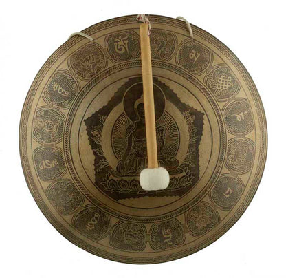Gong Tibétain Bouddhiste Buddha Shakyamuni 52,5 cm Gravé - Huit Symboles Auspicieux du Népal