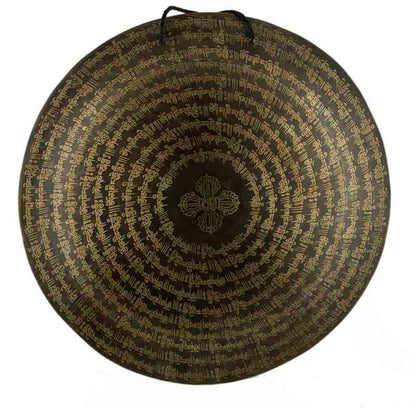 Gong Tibétain Bouddhiste Om et Double Dorje 53,5 cm Gravé - Artisanat du Népal