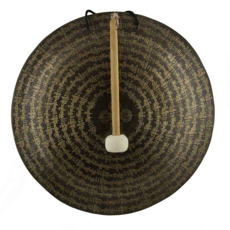 Gong Tibétain Bouddhiste Om et Double Dorje 53,5 cm Gravé - Artisanat du Népal