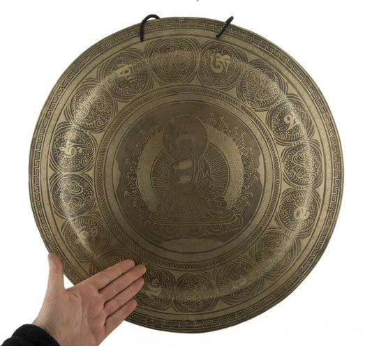 Gong Tibétain Bouddhiste Buddha Shakyamuni 52,7 cm Gravé - Prières Mantra du Népal