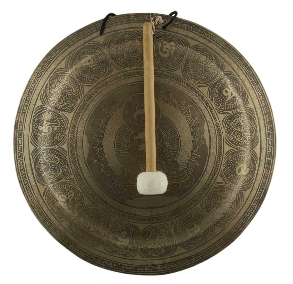 Gong Tibétain Bouddhiste Buddha Shakyamuni 52,7 cm Gravé - Prières Mantra du Népal