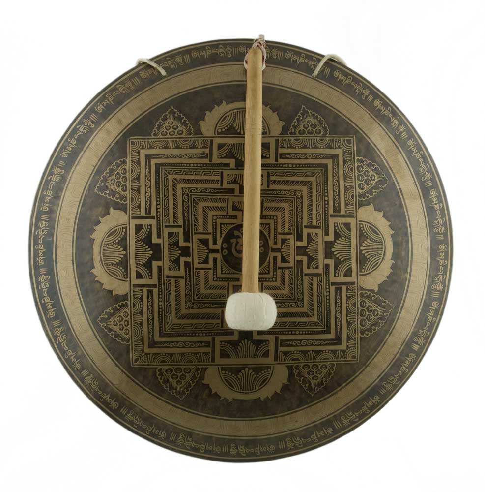 Gong Tibétain Bouddhiste Mandala Sacré 52 cm Gravé - Prières Mantra du Népal
