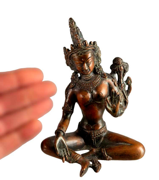 Statue Tara Verte en Alliage de Cuivre 13,8 cm – Déesse Tibétaine de la Compassion du Népal