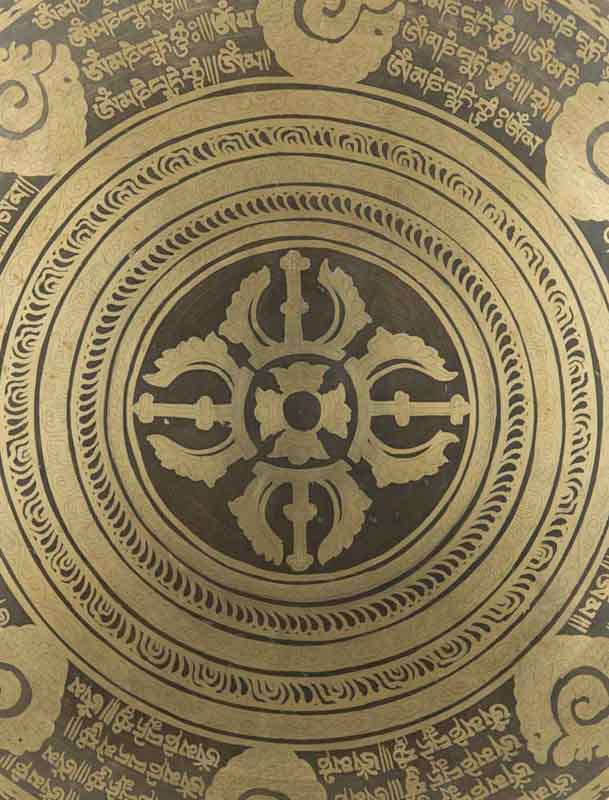 Gong Tibétain Bouddhiste Double Vajra Gravé avec Mailloche
