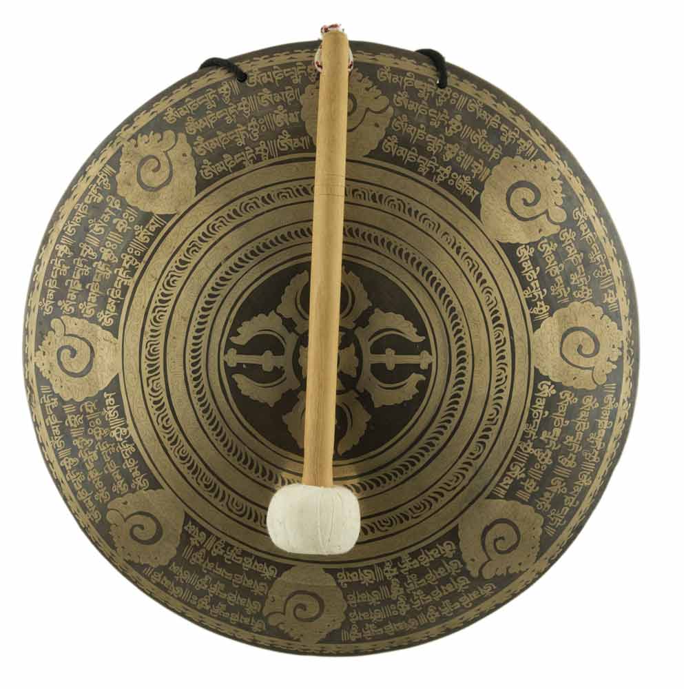 Gong Tibétain Bouddhiste Double Vajra Gravé avec Mailloche