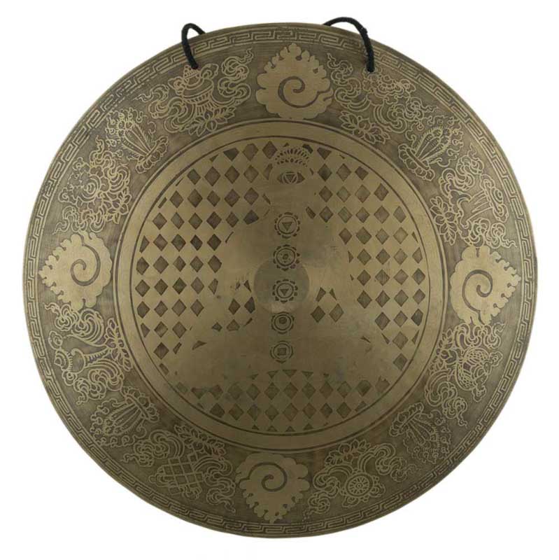 Gong Tibétain Bouddhiste Huit Symboles Auspicieux Gravé du Népal