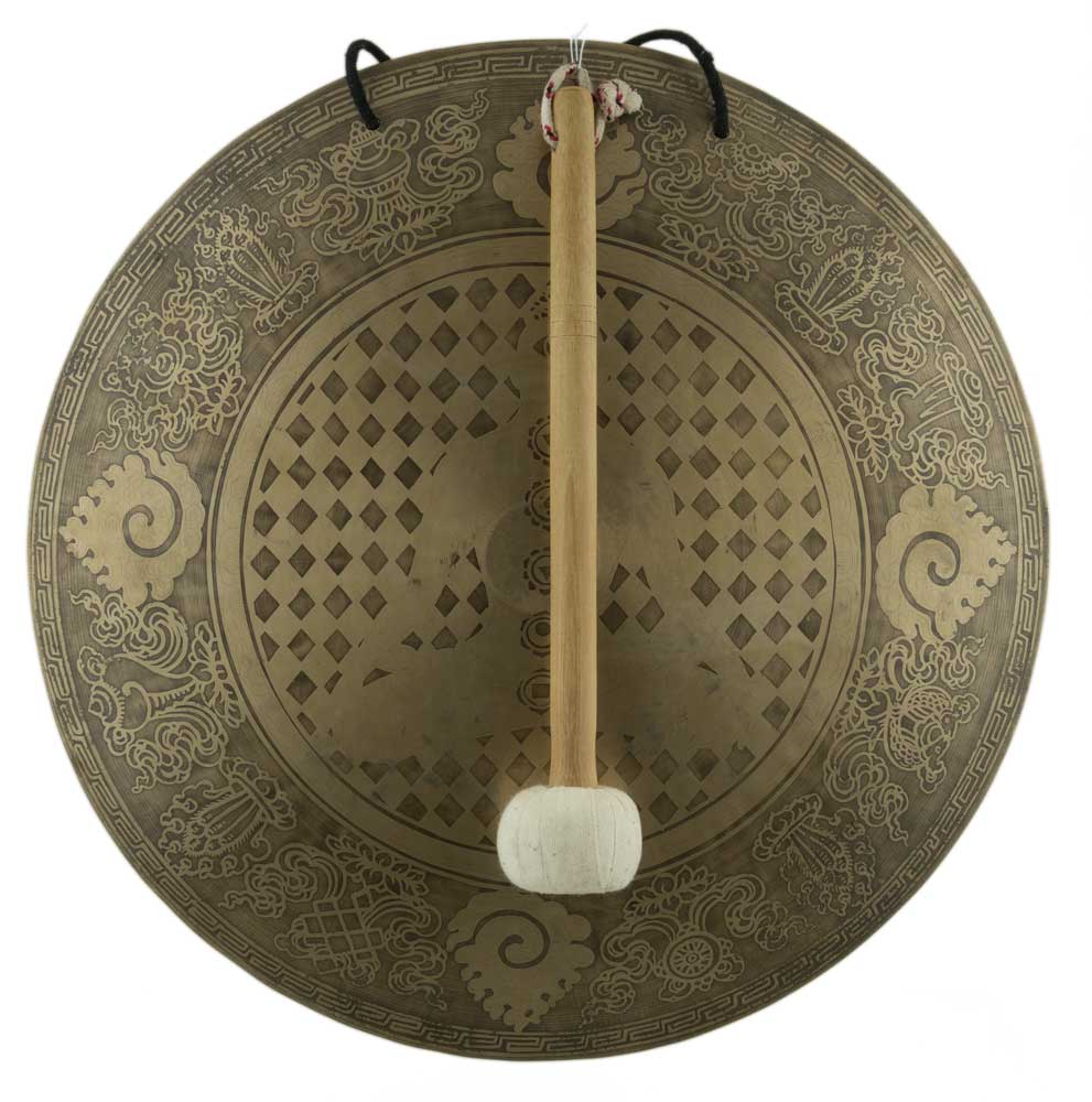 Gong Tibétain Bouddhiste Huit Symboles Auspicieux Gravé du Népal