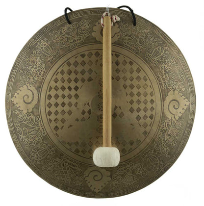 Gong Tibétain Bouddhiste Huit Symboles Auspicieux Gravé du Népal
