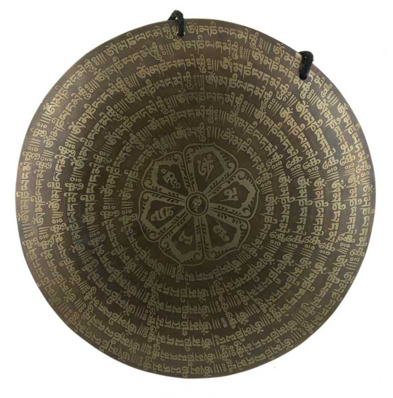 Gong Tibétain Bouddhiste Om Mani Padme Hum Gravé avec Mailloche