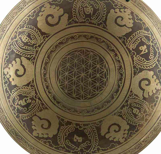 Gong Tibétain Bouddhiste Fleur de Vie Gravée avec Mailloche