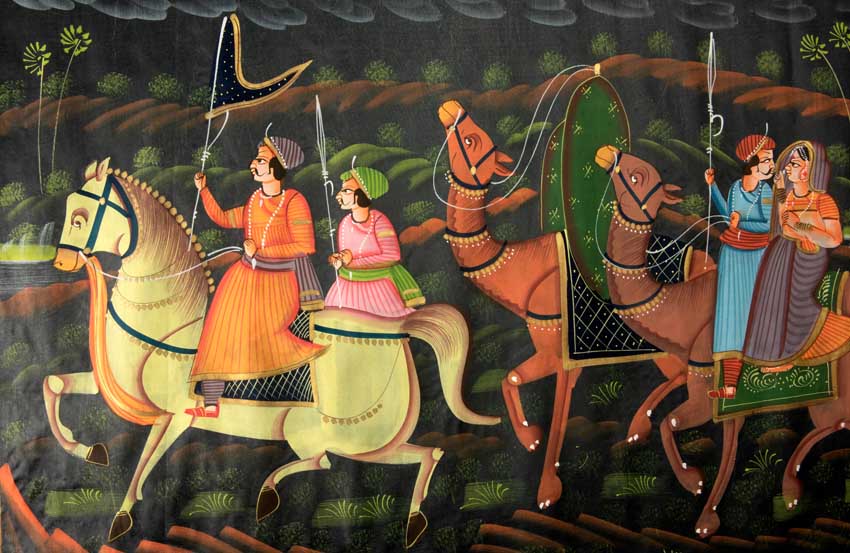 Peinture Moghole Indienne – Chasse Royale du Maharaja et de son Épouse