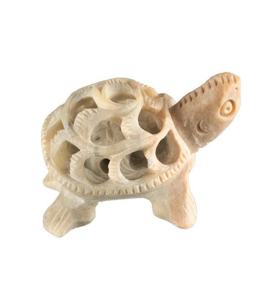 Tortue Ajourée En Stéatite – Sculpture Artisanale Avec Tortue Miniature En Inde